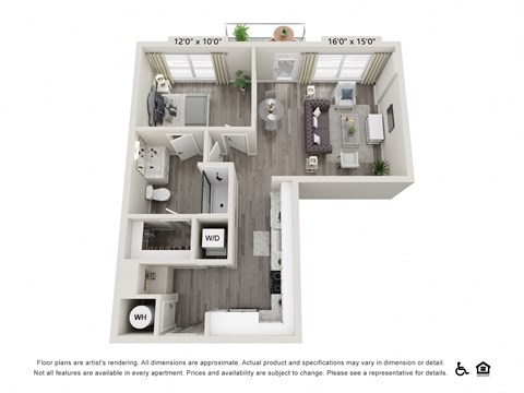 Floor plan for 1 bed, 1 bath, 738 sqft